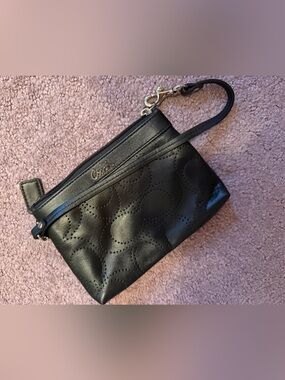 Coach Black Perforated Leather Wristlet Clutch with Detachable Strap